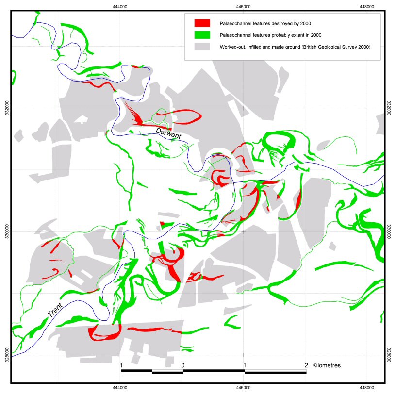 Surface-visible palaeochannels around the Trent-Soar and Trent-Derwent confluences