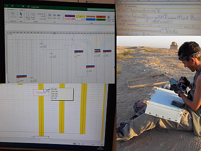 Composite image showing computer screens and a person sitting down drawing on permatrace in a desert-like environment