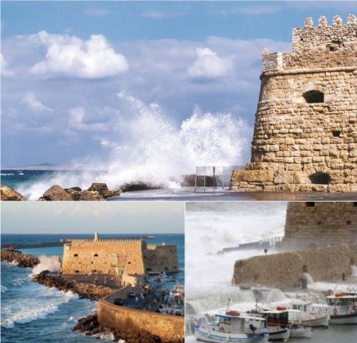 Rising sea levels and intense waves threaten the sea fortress of Koules in Heraklion, Crete. &copy;Hellenic Ministry of Culture and Sports