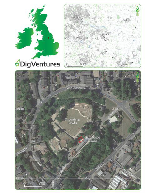 A map showing the location of Pontefract Castle