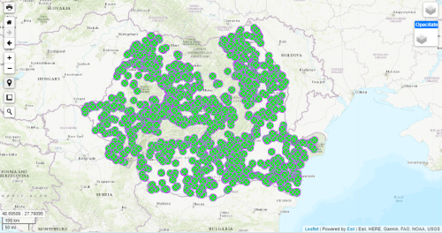 A screenshot of a map showing the spatial distribution of all archaeological sites with archaeological research reports published in CCA. &copy;Institutul Național al Patrimoniului
