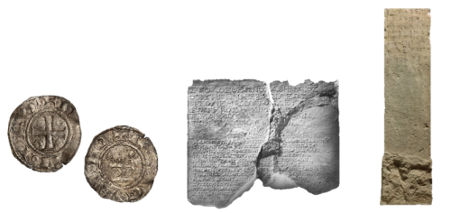 a screenshot of two old coins and an enscribed stone tablet