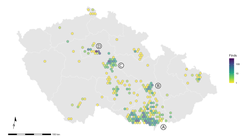 Map of the Czech Republic with a spatial distribution of recorded finds (with log-scaled colour range).