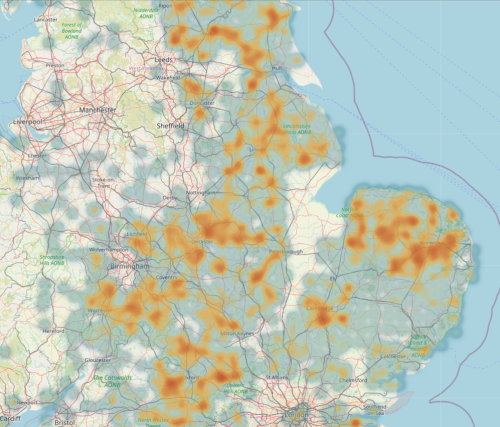 heatmap overlaid on a map of England