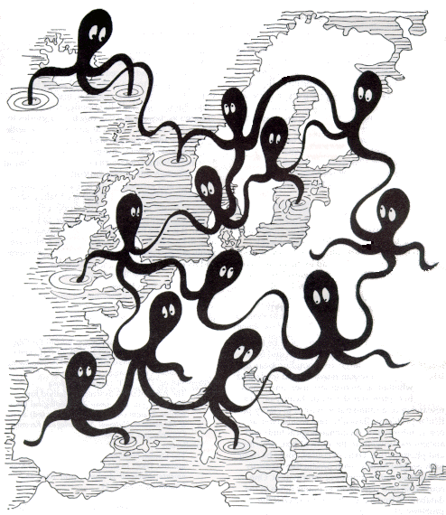 A cartoon drawing of octopi linking tentacles above a map of Europe
