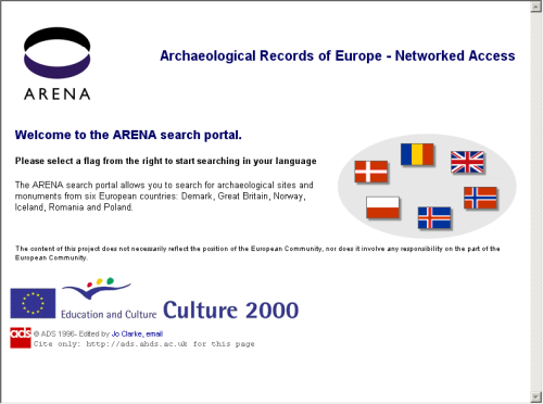 A screengrab of the Homepage of the ARENA search portal