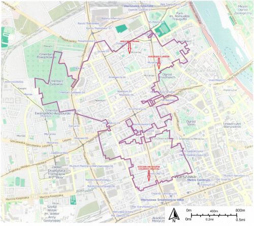 a map showing contemporary Warsaw with the borders of the former Ghetto and marked research sites