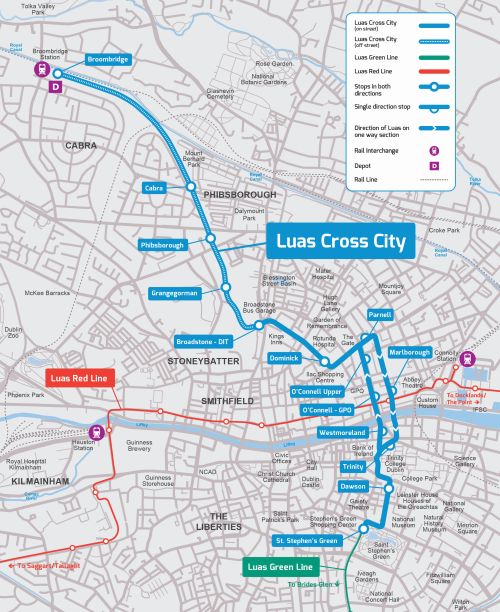 map showing the Luas Cross City route