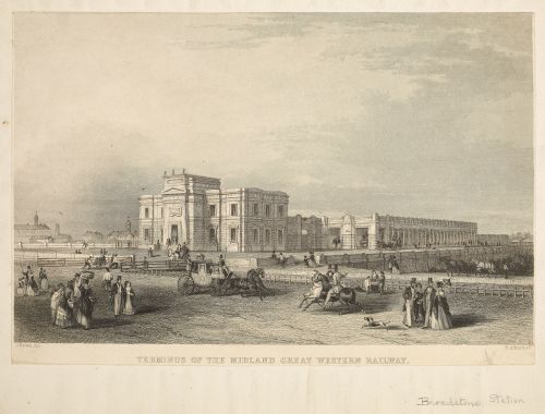 a pencil drawing of the terminus of the Midland Great Western Railway