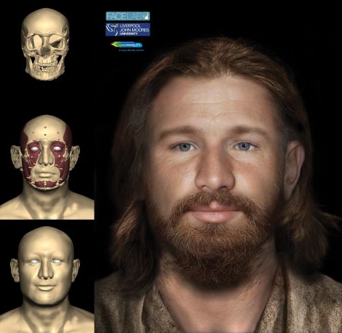 a graphic showing stages of a digital facial reconstruction of a bearded man