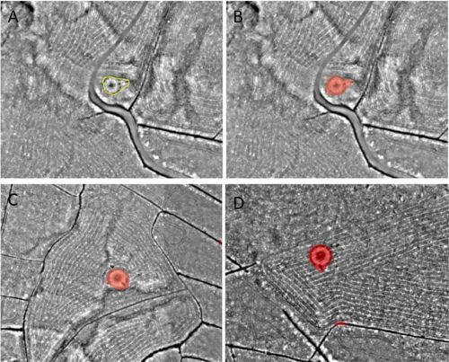four aerial views of semi-automatically detected tar kilns and labels