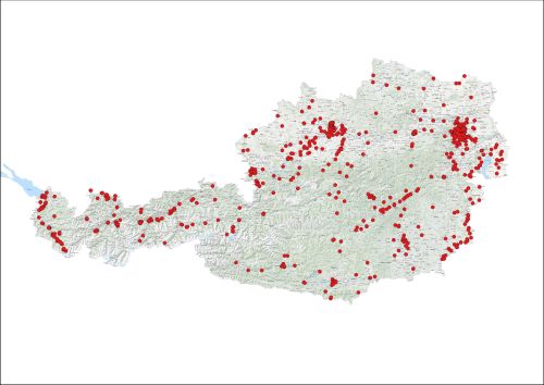 a map of Austria with red dots scattered throughout indicating NS-camps