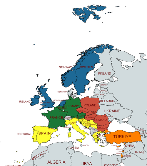 Detailed Map showing Europe and Western Asia.