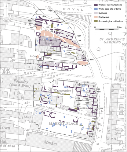 map showing excavation results overlaid on 1955 Ordnance Survey map