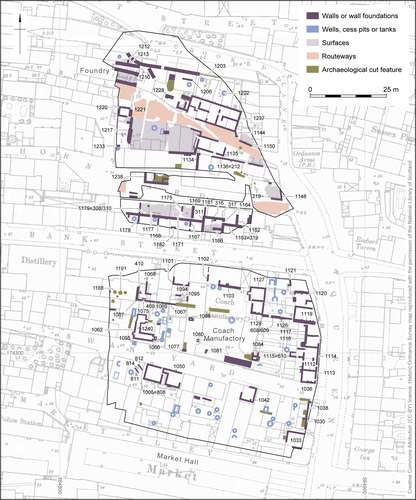 map showing excavation results overlaid on 1866 Ordnance Survey town plan