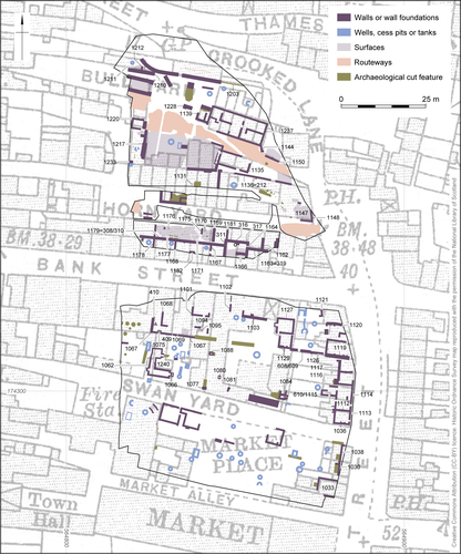 map showing Excavation results, overlaid on 1932 Ordnance Survey map