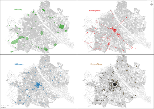 Polygon-based GIS mapping from prehistory to modern times (© Severin Hohensinner et. al. (BOKU University Vienna), Wien Museum and Stadtarchäologie Wien).