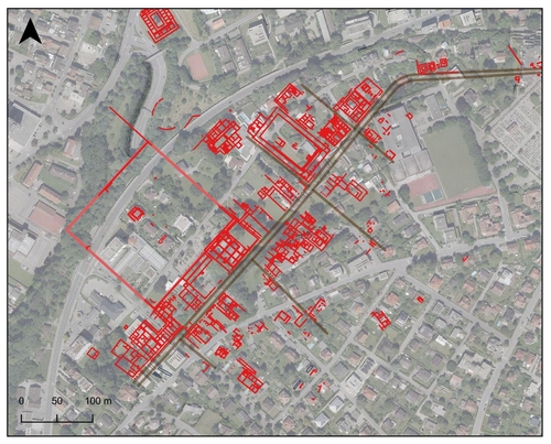 A digitised Roman 'city map' of Brigantium showing all the known (partially excavated, refilled or destroyed) features from the stone building period (source: areal image: State of Vorarlberg, vogis; archaeological data: Vorarlberg Museum and Federal Monuments Authority; A. Picker).