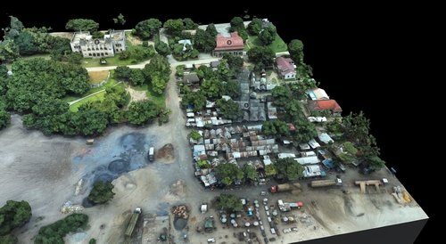 A snippet from the virtual twin of Bagamoyo, Tanzania, showing (1) the now demolished Fish Market, (2) the historic German Boma, and (3) the Old Arab Tea House.
