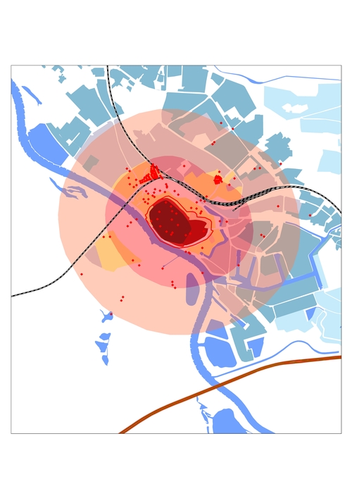 A map of Deventer showing its urban expansion, different zones, and the location (in red) of sites derived from the Jacob van Deventer map (J. Bouwmeester/M. Kosian, RCE).
