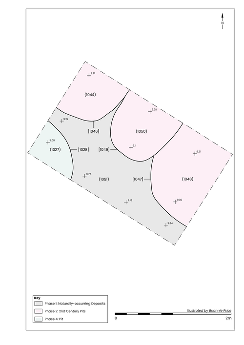 Trench 1, Phases 1 naturally occurring deposits, Phase 2 pits and Phase 4 pit
    [1028]