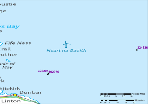 This image shows the multiple reported location of U 12, a German World War I submarine in the North Sea to the east of Dunbar. The locations are marked by black squares and labelled with the relevant NRHE ID. The current accepted location of the U12 is close to the right hand side of the image lying about 18 Nautical Miles or 32 Kilometres to the east of the previously reported losses.